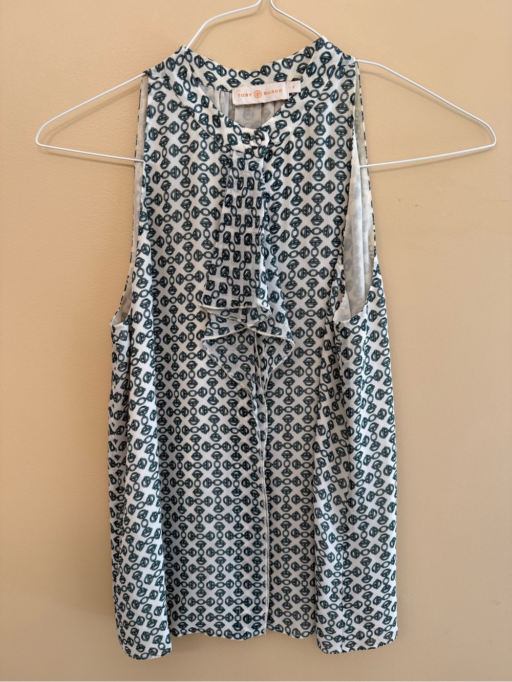 Tory Burch White and Navy Geometric Tie-Neck Sleeveless Top